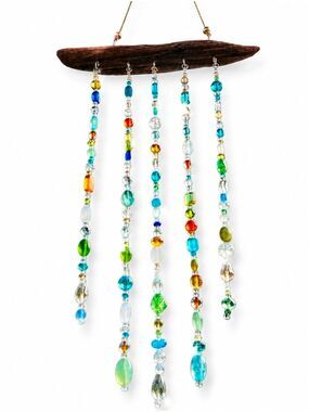 Handmade Driftwood Sun Catcher | Glass Bead Mobile | Coastal Boho Decor